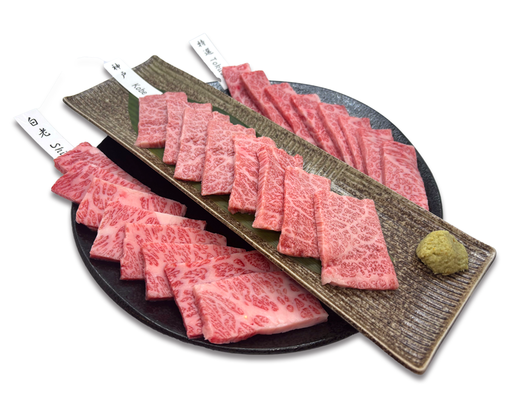 和牛食べ比べ盛り300g Kobe Beef・Hokkaido Shiraoi Beef・Special Wagyu 고베규 ・ 홋카이도 시라오이규 ・ 특선 와규 神户牛・北海道白老牛・特选和牛